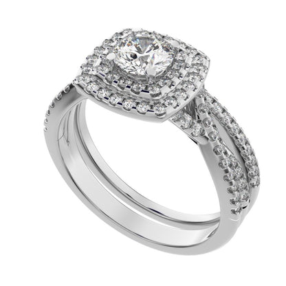 1.2025 ct Round Cut Simulated Clear Diamond solitaire with accents halo cluster anniversary vintage split shank 14k White Gold bridal set