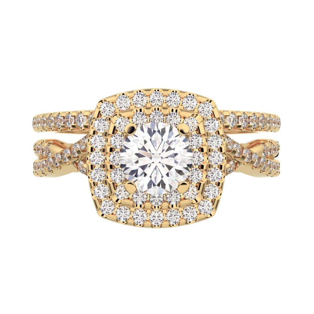 1.2025 ct Round Cut Simulated Clear Diamond solitaire with accents halo cluster anniversary vintage split shank 14k Yellow Gold bridal set