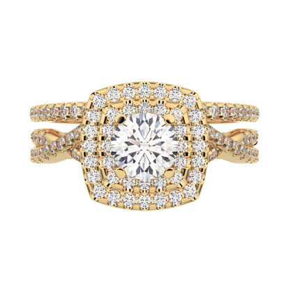 1.2025 ct Round Cut Simulated Clear Diamond solitaire with accents halo cluster anniversary vintage split shank 14k Yellow Gold bridal set