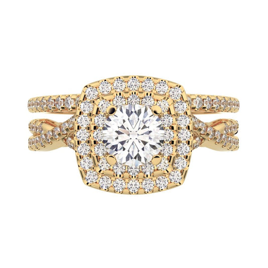1.2025 ct Round Cut Moissanite anniversary solitaire with accents halo split shank cluster vintage 14k Yellow Gold bridal set