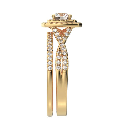 1.2025 ct Round Cut Moissanite anniversary solitaire with accents halo split shank cluster vintage 14k Yellow Gold bridal set