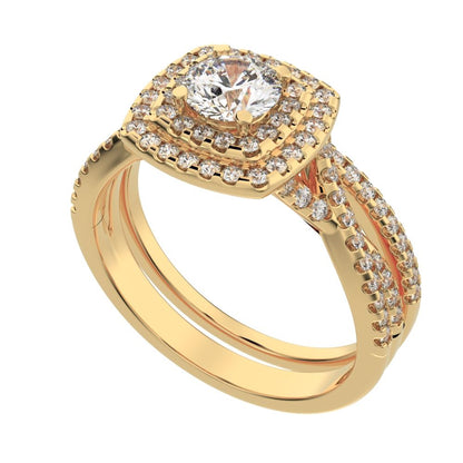 1.2025 ct Round Cut Moissanite anniversary solitaire with accents halo split shank cluster vintage 14k Yellow Gold bridal set