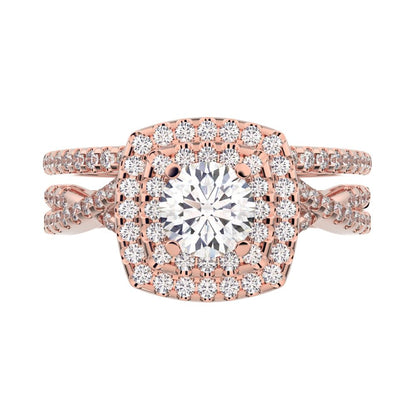 1.2025 ct Round Cut Moissanite anniversary solitaire with accents halo split shank cluster vintage 14k Rose Gold bridal set