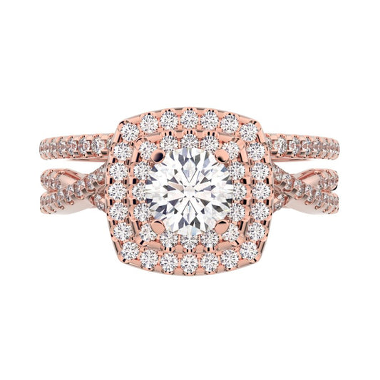 1.2025 ct Round Cut Moissanite anniversary solitaire with accents halo split shank cluster vintage 14k Rose Gold bridal set
