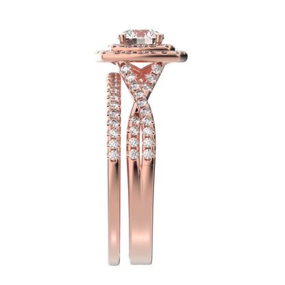 1.2025 ct Round Cut Simulated Clear Diamond solitaire with accents halo cluster anniversary vintage split shank 14k Rose Gold bridal set
