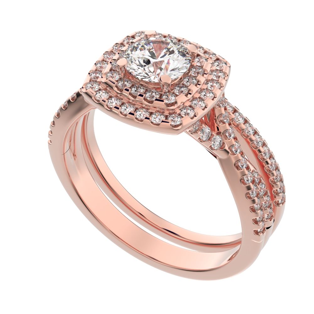 1.2025 ct Round Cut Simulated Clear Diamond solitaire with accents halo cluster anniversary vintage split shank 14k Rose Gold bridal set