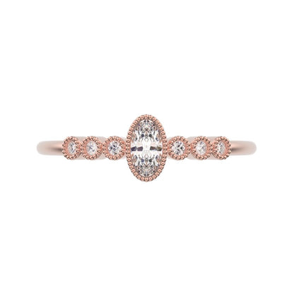 0.195 ct Oval Cut Simulated Clear Diamond dainty halo Minimalist solitaire with accents milgrain 14K / 18K Solid Rose Gold everyday ring