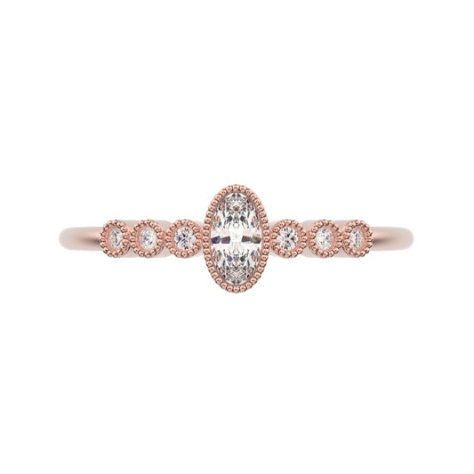 0.195 ct Oval Cut Simulated Clear Diamond dainty halo Minimalist solitaire with accents milgrain 14K / 18K Solid Rose Gold everyday ring