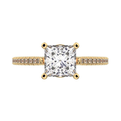 1.29 ct Princess Cut Moissanite anniversary European classic solitaire with accents square 14K / 18K Solid Yellow Gold engagement ring