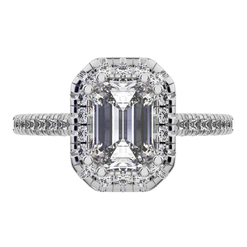1.48 ct Emerald Cut Moissanite anniversary European classic solitaire with accents halo cluster 14K / 18K Solid White Gold engagement ring
