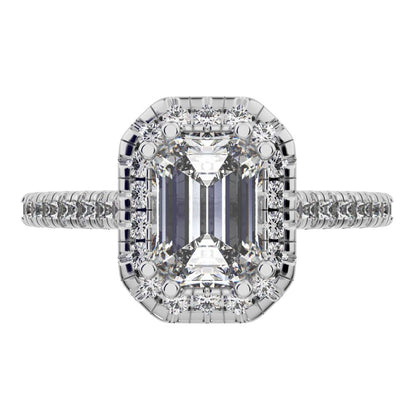 1.48 ct Emerald Cut Moissanite anniversary European classic solitaire with accents halo cluster 14K / 18K Solid White Gold engagement ring