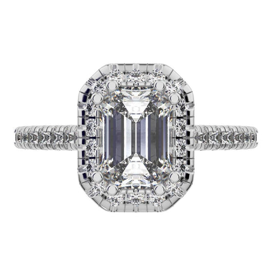 1.48 ct Emerald Cut Moissanite anniversary European classic solitaire with accents halo cluster 14K / 18K Solid White Gold engagement ring