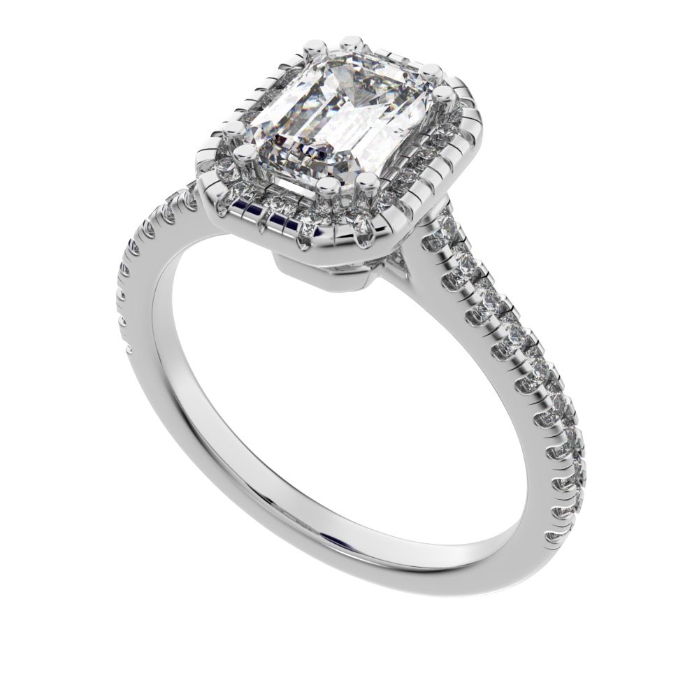1.48 ct Emerald Cut Moissanite anniversary European classic solitaire with accents halo cluster 14K / 18K Solid White Gold engagement ring