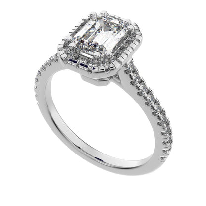 1.48 ct Emerald Cut Moissanite anniversary European classic solitaire with accents halo cluster 14K / 18K Solid White Gold engagement ring