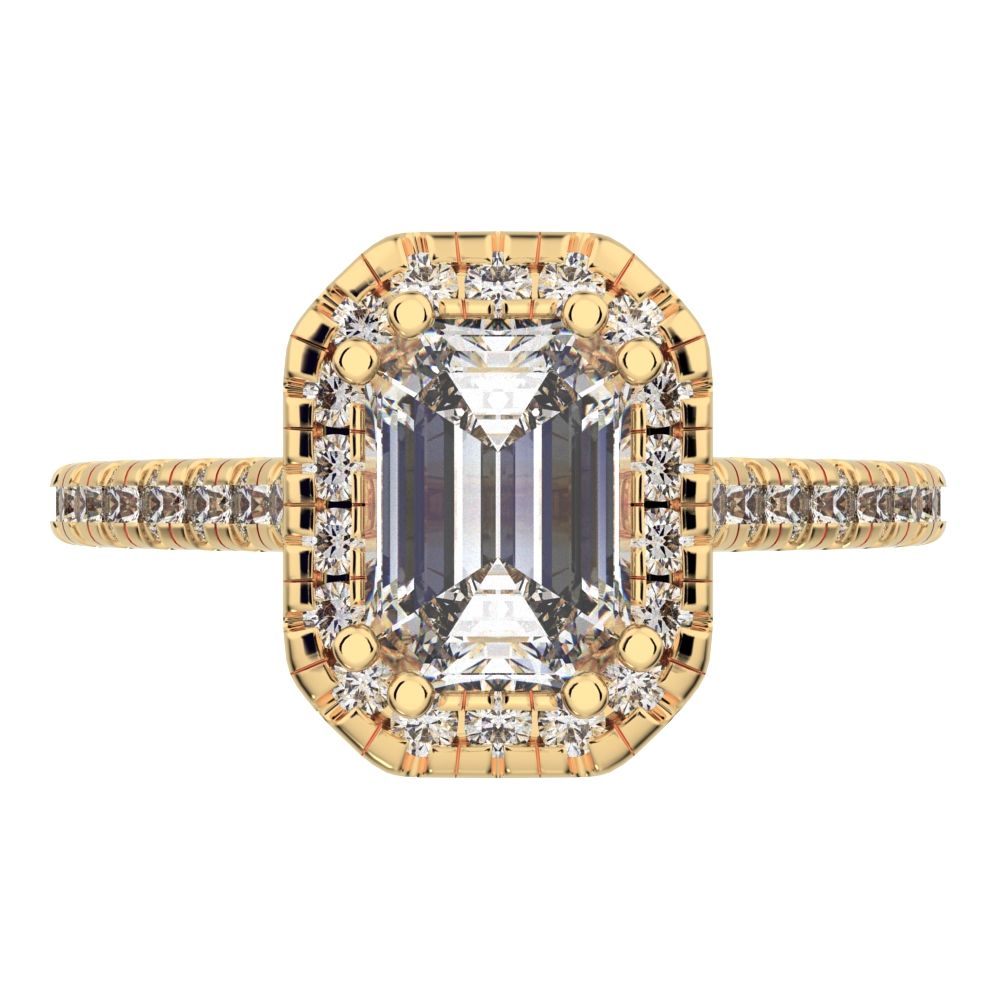1.48 ct Emerald Cut Moissanite anniversary European classic solitaire with accents halo cluster 14K / 18K Solid Yellow Gold engagement ring