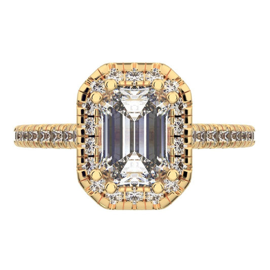 1.48 ct Emerald Cut Moissanite anniversary European classic solitaire with accents halo cluster 14K / 18K Solid Yellow Gold engagement ring