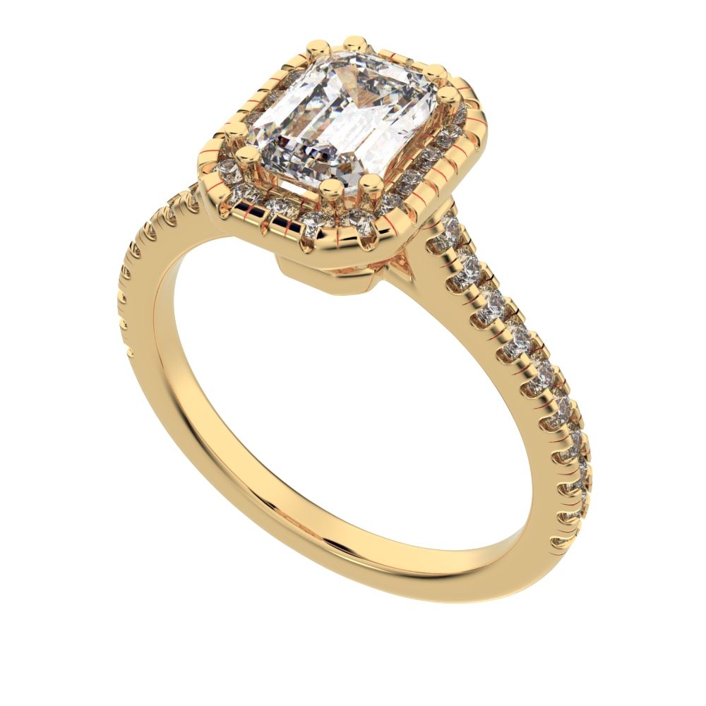 1.48 ct Emerald Cut Moissanite anniversary European classic solitaire with accents halo cluster 14K / 18K Solid Yellow Gold engagement ring