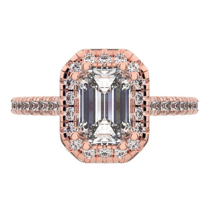 1.48 ct Emerald Cut Moissanite anniversary European classic solitaire with accents halo cluster 14K / 18K Solid Rose Gold engagement ring