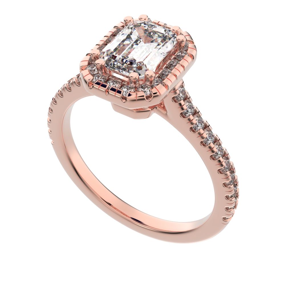 1.48 ct Emerald Cut Moissanite anniversary European classic solitaire with accents halo cluster 14K / 18K Solid Rose Gold engagement ring