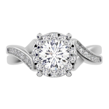 1 ct Round Cut Moissanite anniversary European split-shank solitaire with accents halo Infinity 14K / 18K Solid White Gold engagement ring