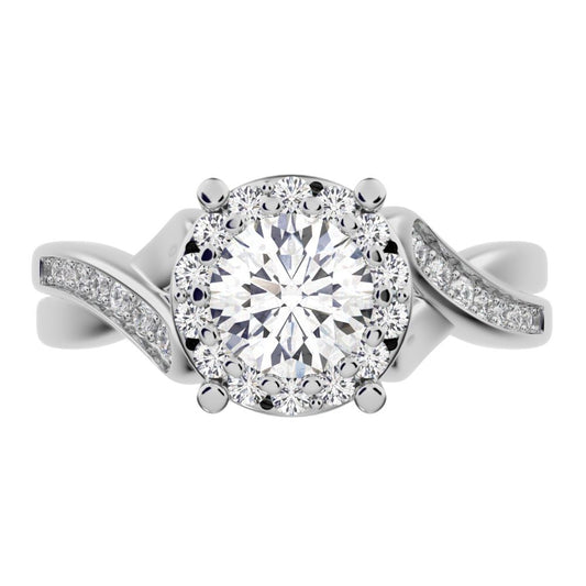 1 ct Round Cut Moissanite anniversary European split-shank solitaire with accents halo Infinity 14K / 18K Solid White Gold engagement ring
