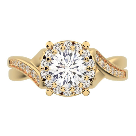 1 ct Round Cut Moissanite anniversary European split-shank solitaire with accents halo Infinity 14K / 18K Solid Yellow Gold engagement ring
