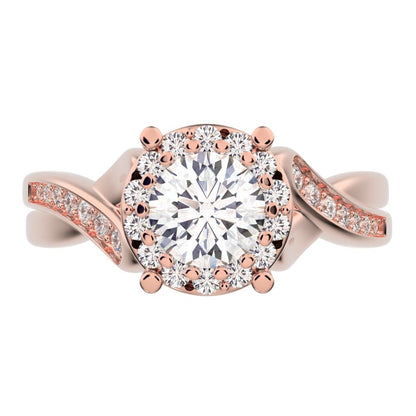 1 ct Round Cut Moissanite anniversary European split-shank solitaire with accents halo Infinity 14K / 18K Solid Rose Gold engagement ring