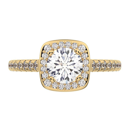 0.91 ct Round Cut Moissanite anniversary European classic solitaire with accents halo cluster 14K / 18K Solid Yellow Gold engagement ring
