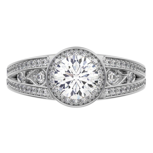 0.71 ct Round Cut Moissanite anniversary European split-shank solitaire with accents halo 14K / 18K Solid White Gold engagement ring