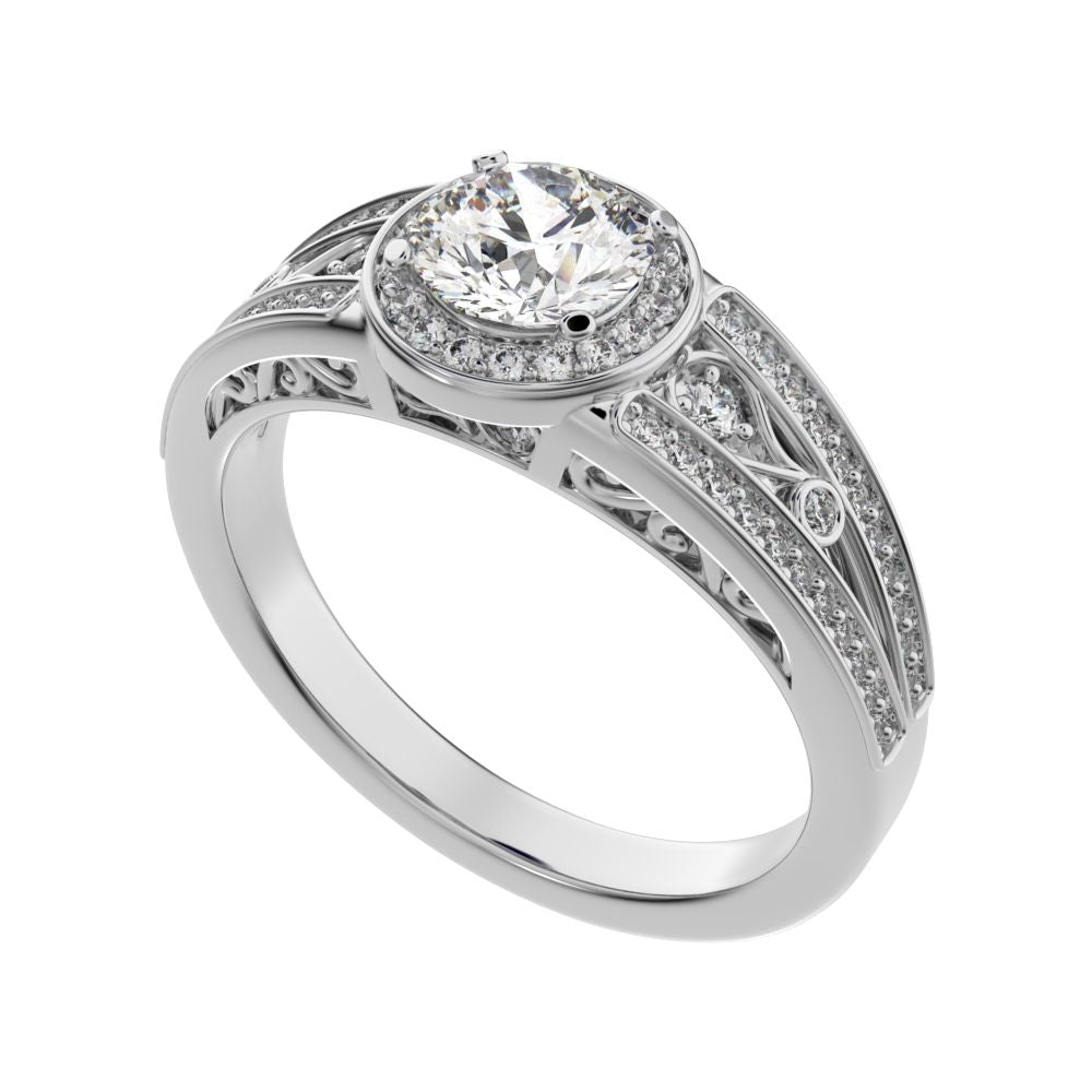 0.71 ct Round Cut Moissanite anniversary European split-shank solitaire with accents halo 14K / 18K Solid White Gold engagement ring
