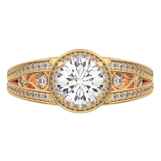 0.71Ct Round Cut Simulated Clear Diamond anniversary split-shank solitaire with accents halo 14K / 18K Solid Yellow Gold engagement ring