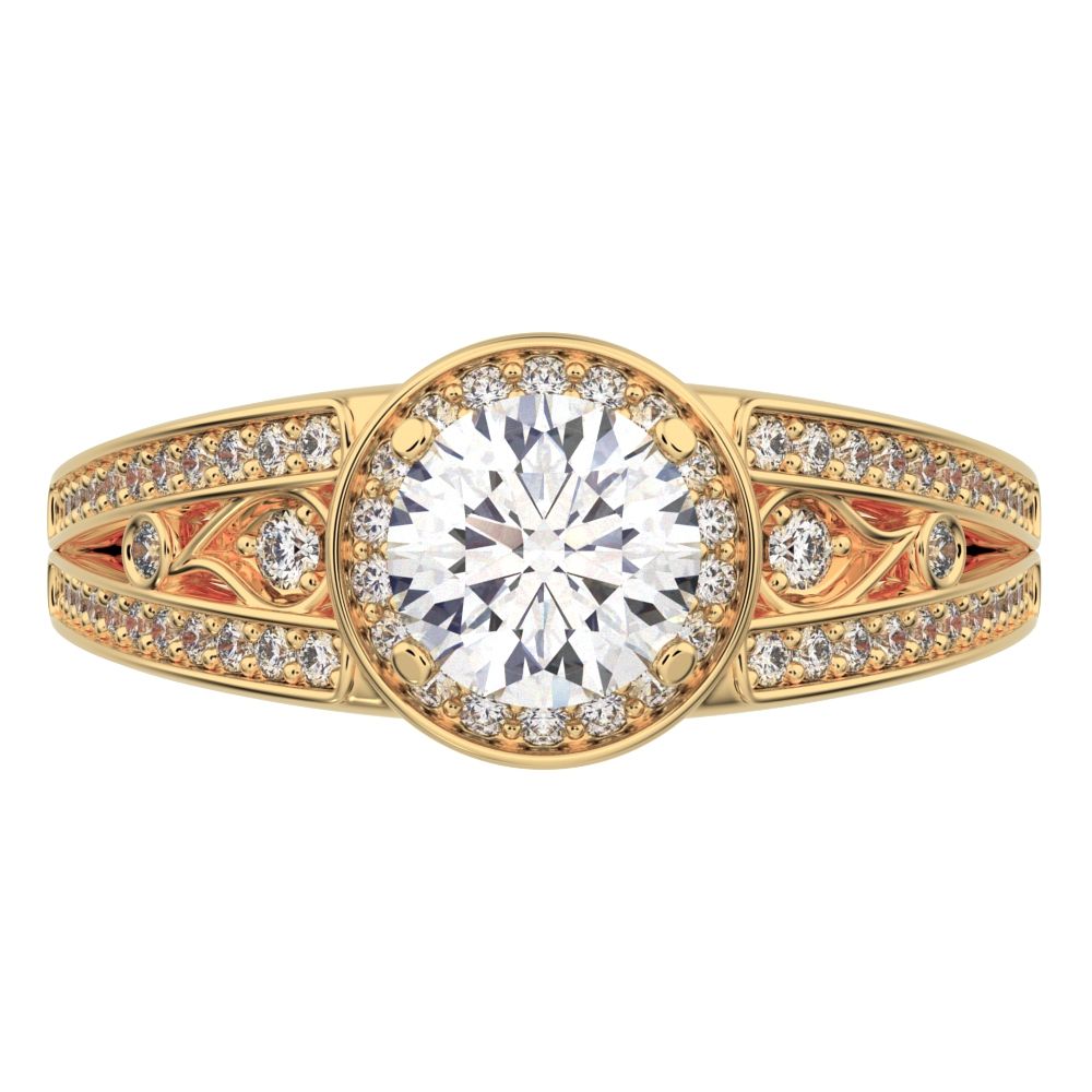 0.71 ct Round Cut Moissanite anniversary European split-shank solitaire with accents halo 14K / 18K Solid Yellow Gold engagement ring