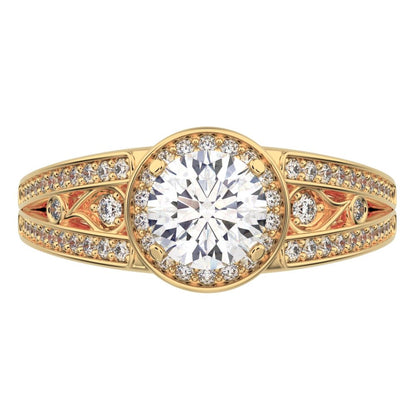 0.71 ct Round Cut Moissanite anniversary European split-shank solitaire with accents halo 14K / 18K Solid Yellow Gold engagement ring