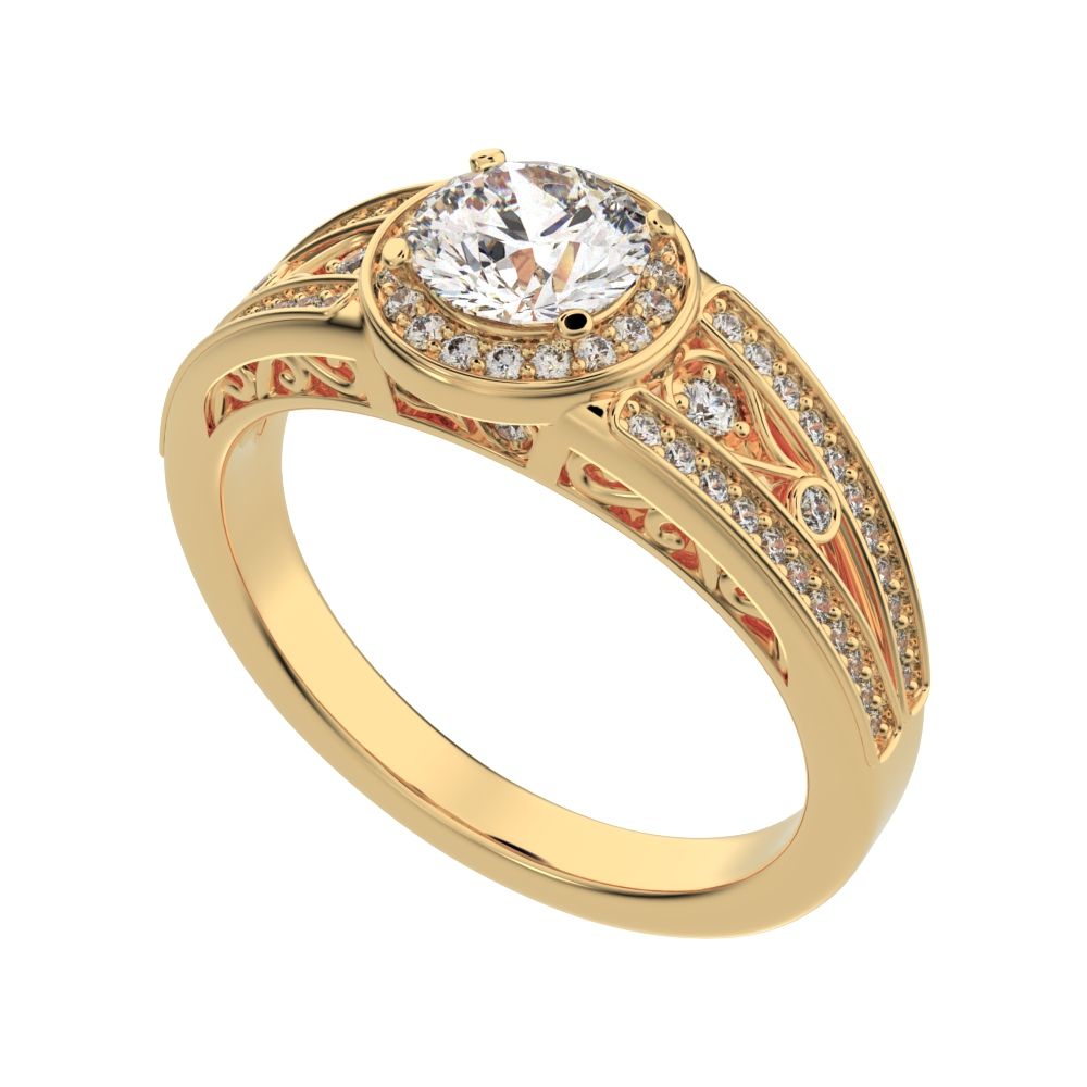 0.71 ct Round Cut Moissanite anniversary European split-shank solitaire with accents halo 14K / 18K Solid Yellow Gold engagement ring