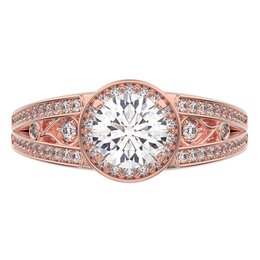 0.71Ct Round Cut Simulated Clear Diamond anniversary split-shank solitaire with accents halo 14K / 18K Solid Rose Gold engagement ring