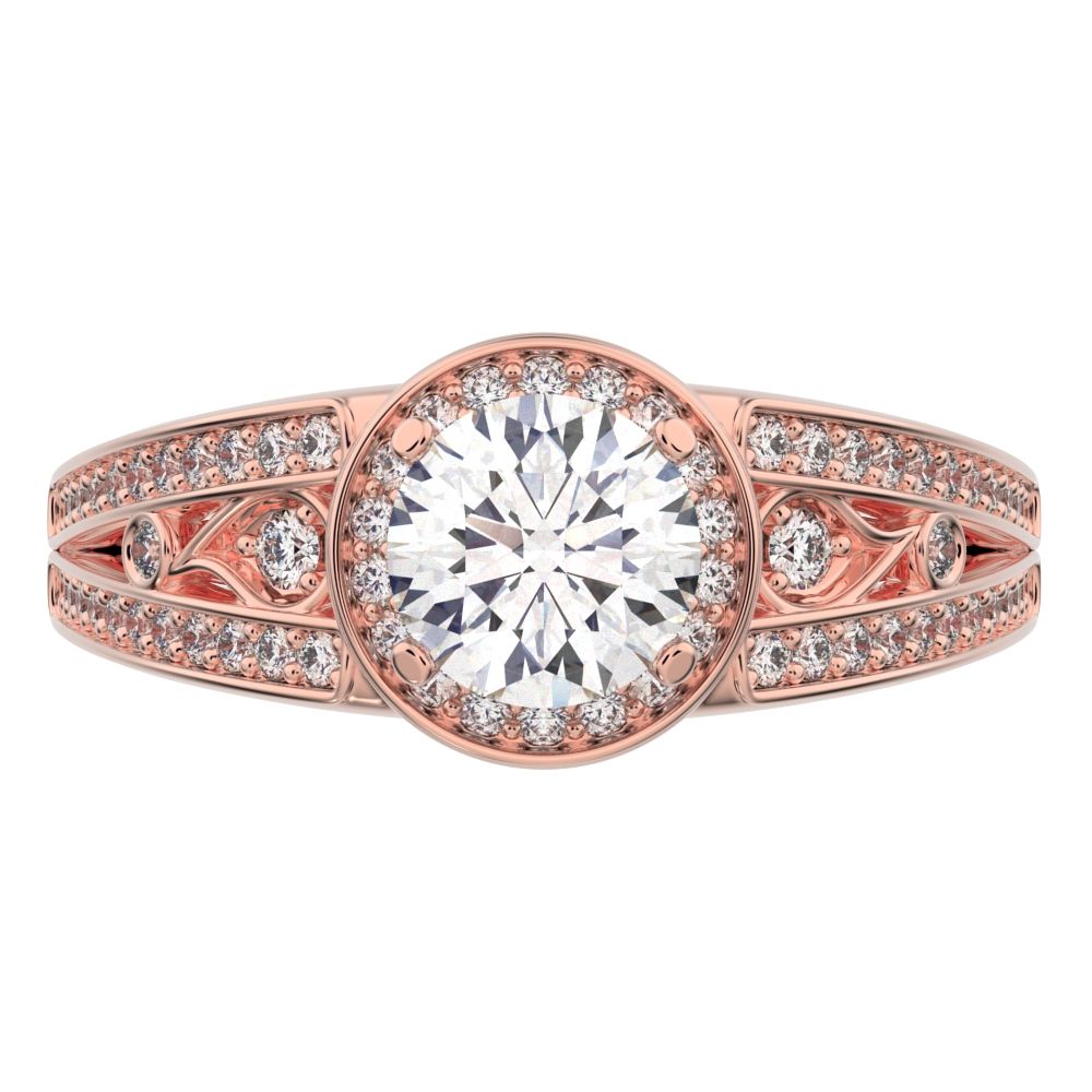 0.71 ct Round Cut Moissanite anniversary European split-shank solitaire with accents halo cluster 14K / 18K Solid Rose Gold engagement ring