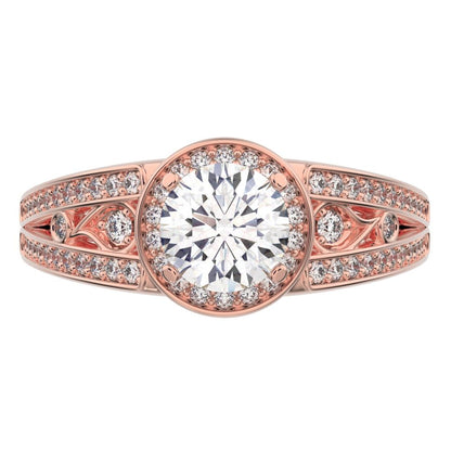 0.71 ct Round Cut Moissanite anniversary European split-shank solitaire with accents halo cluster 14K / 18K Solid Rose Gold engagement ring