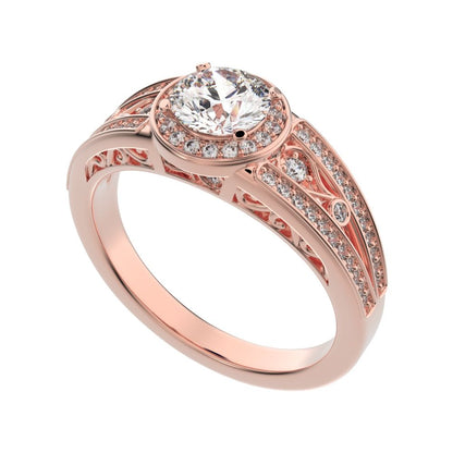 0.71 ct Round Cut Moissanite anniversary European split-shank solitaire with accents halo cluster 14K / 18K Solid Rose Gold engagement ring