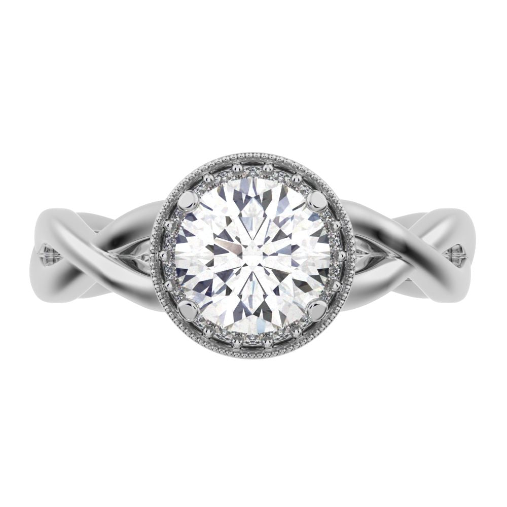 0.75Ct Round Cut Moissanite anniversary split-shank solitaire with accents halo Infinity 14K / 18K Solid White Gold engagement ring