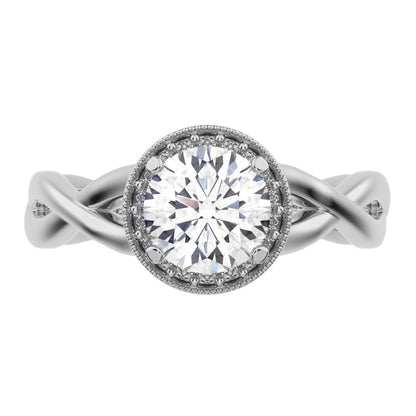 0.75Ct Round Cut Moissanite anniversary split-shank solitaire with accents halo Infinity 14K / 18K Solid White Gold engagement ring