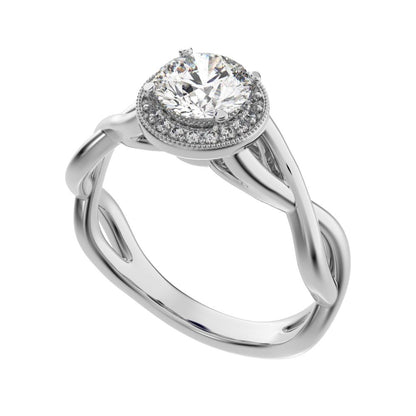0.75Ct Round Cut Moissanite anniversary split-shank solitaire with accents halo Infinity 14K / 18K Solid White Gold engagement ring