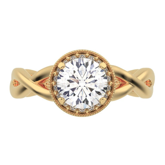 0.75Ct Round Cut Simulated Clear Diamond split-shank solitaire with accents halo Infinity 14K / 18K Solid Yellow Gold engagement ring