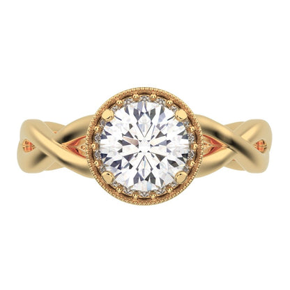 0.75Ct Round Cut Moissanite anniversary split-shank solitaire with accents halo Infinity 14K / 18K Solid Yellow Gold engagement ring
