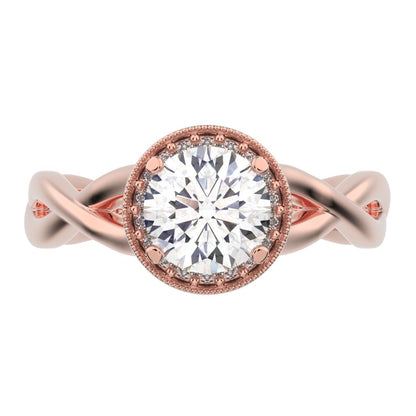0.75Ct Round Cut Moissanite anniversary European split-shank solitaire with accents halo Infinity 14K / 18K Solid Rose Gold engagement ring