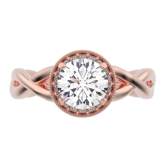 0.75Ct Round Cut Moissanite anniversary European split-shank solitaire with accents halo Infinity 14K / 18K Solid Rose Gold engagement ring