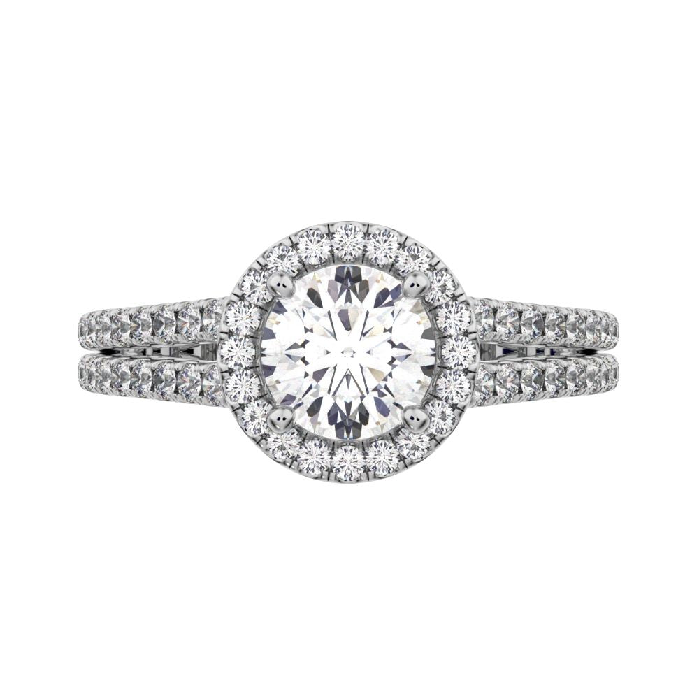 1.33 ct Round Cut Simulated Clear Diamond anniversary solitaire with accents halo split shank 14K / 18K Solid White Gold engagement ring