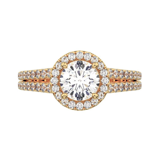 1.33 ct Round Cut Simulated Clear Diamond anniversary solitaire with accents halo split shank 14K / 18K Solid Yellow Gold engagement ring