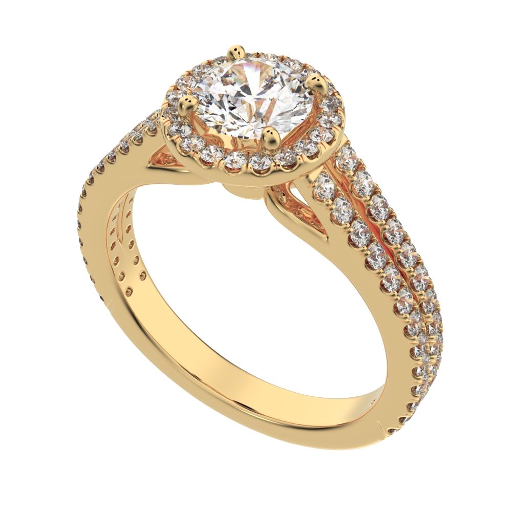 1.33 ct Round Cut Simulated Clear Diamond anniversary solitaire with accents halo split shank 14K / 18K Solid Yellow Gold engagement ring