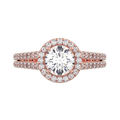 1.33 ct Round Cut Simulated Clear Diamond anniversary solitaire with accents halo split shank 14K / 18K Solid Rose Gold engagement ring