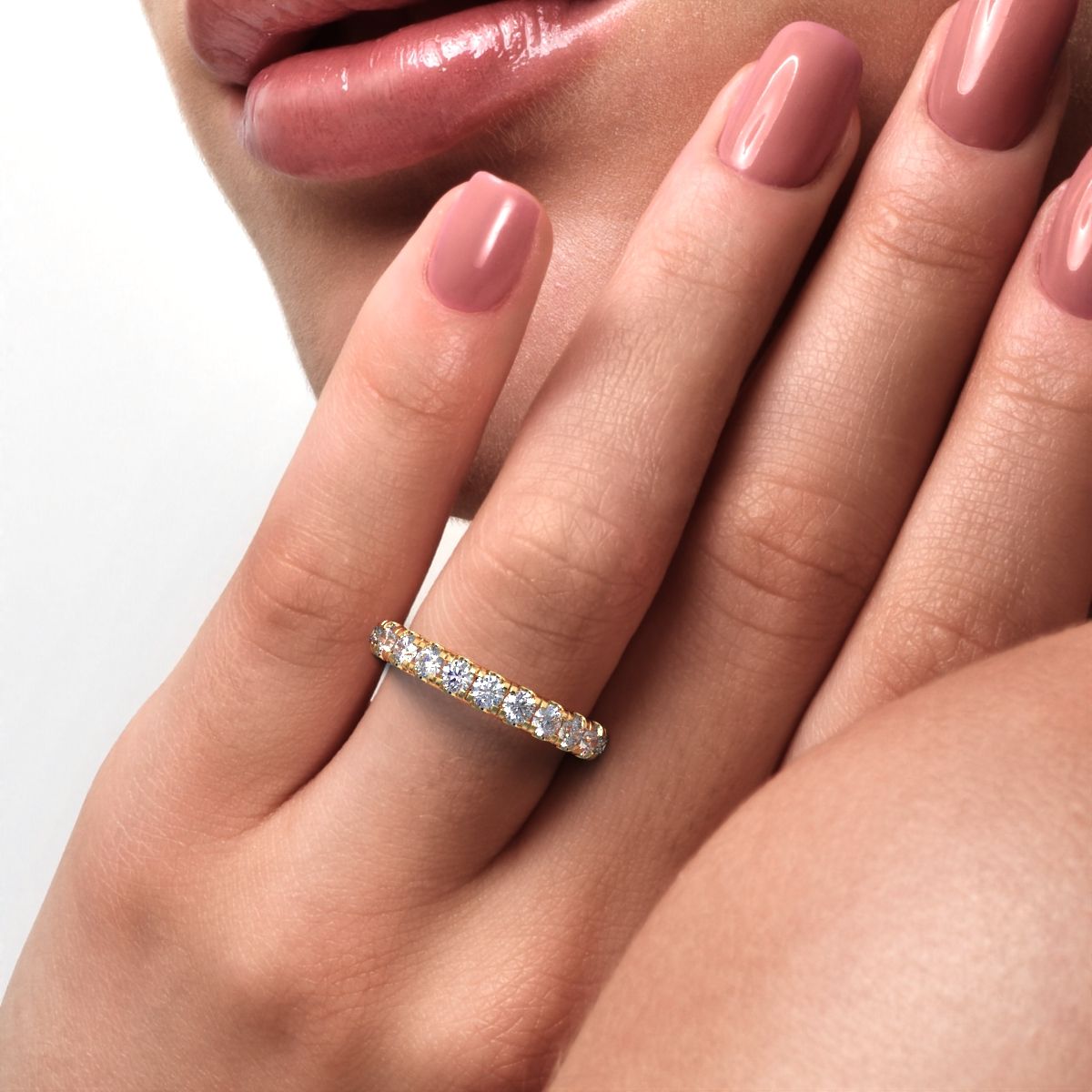 1.04 ct Round Cut Moissanite dainty Minimalist prong Stackable half eternity vintage 14K / 18K Solid Yellow Gold everyday wedding band